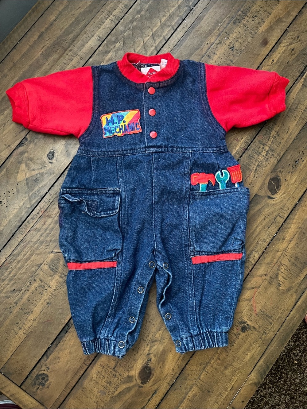 Vintage Baby Boy Hush Puppies Red Sleeve Denim Tool Embroidered Jumper